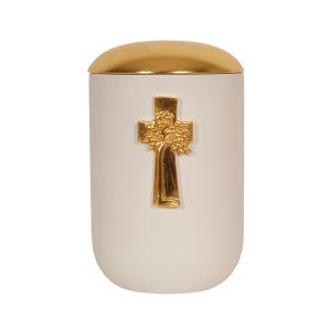 Urn Luce white lid gold with arbor vitae gold with cord