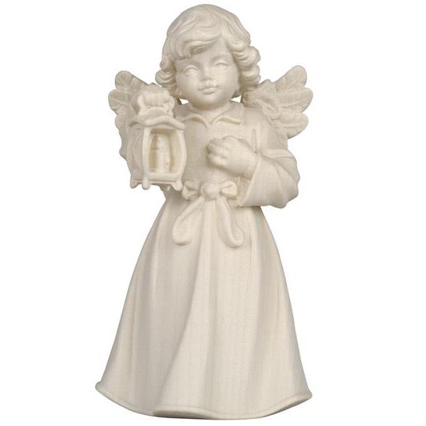 Bell angel standing with lantern - natural wood