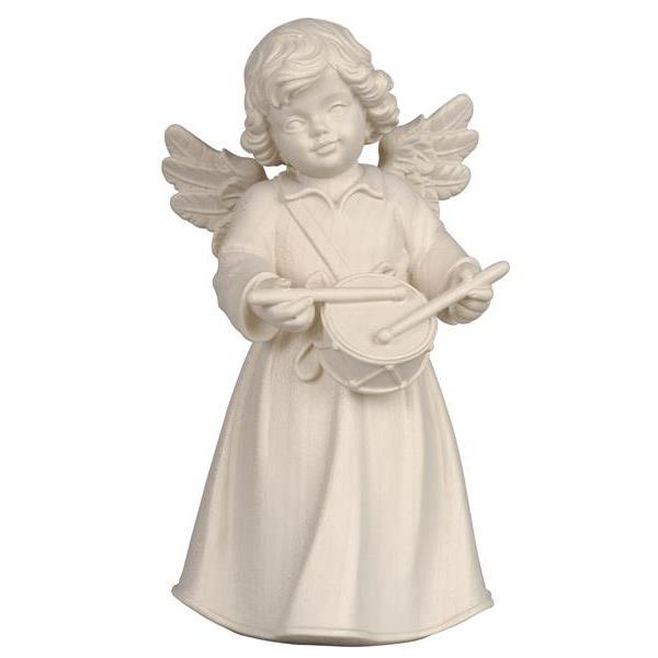 Bell angel standing with drum - natural wood