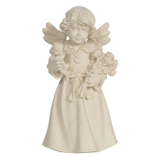Bell angel standing with roses - natural wood