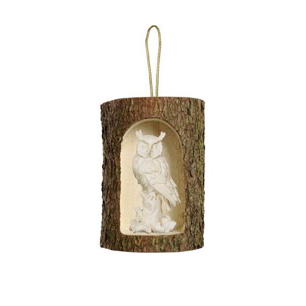 Owl on tree trunk+tree trunk hang. - natural wood