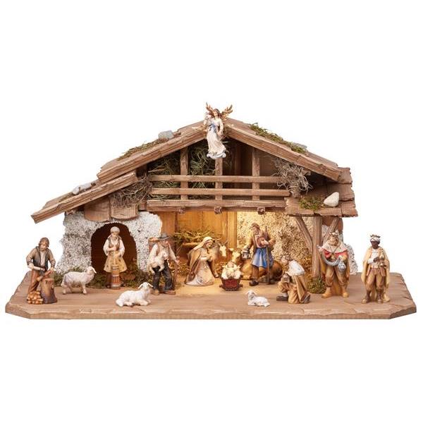 HE Nativity set 17 pcs - Alpine stable with lighting - colored
