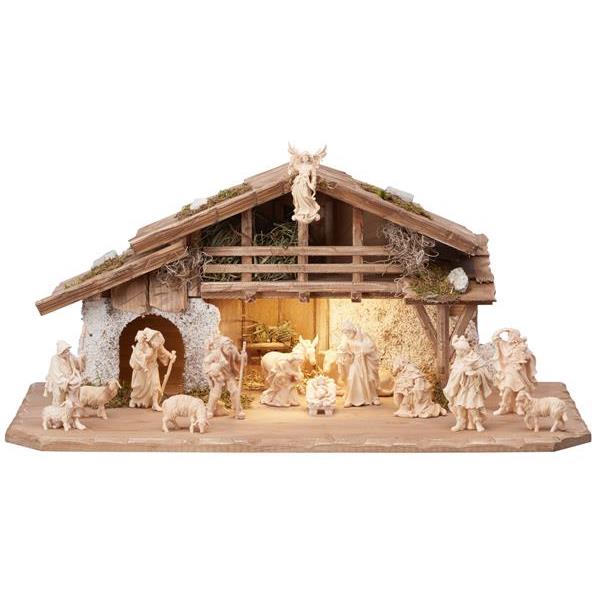 ZI Nativity set 17 pcs - Alpine stable with lighting - natural wood