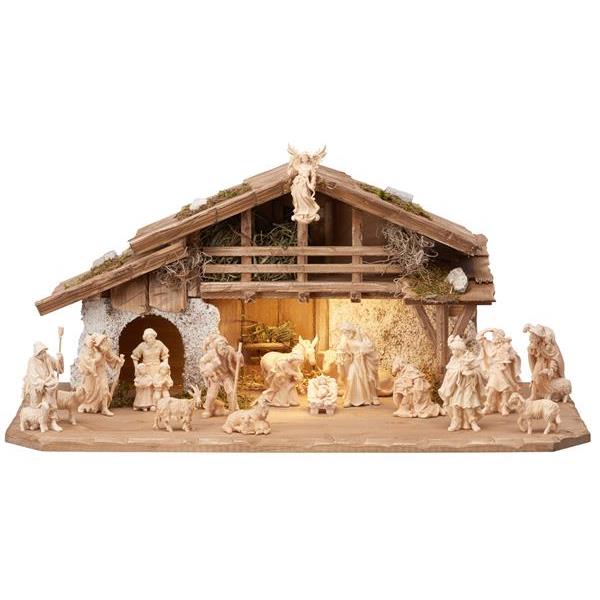 ZI Nativity set 20 pcs - Alpine stable with lighting - natural wood