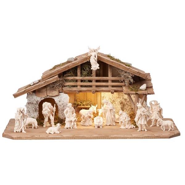 RA Nativity set 17 pcs - Alpine stable with lighting - natural wood