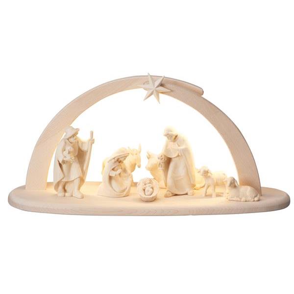 PE Nativity Set 10 pcs. - Stable Leonardo with lighting - natural wood