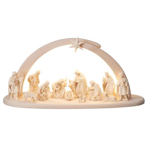 PE Nativity Set 16 pcs. - Stable Leonardo with lighting - natural wood