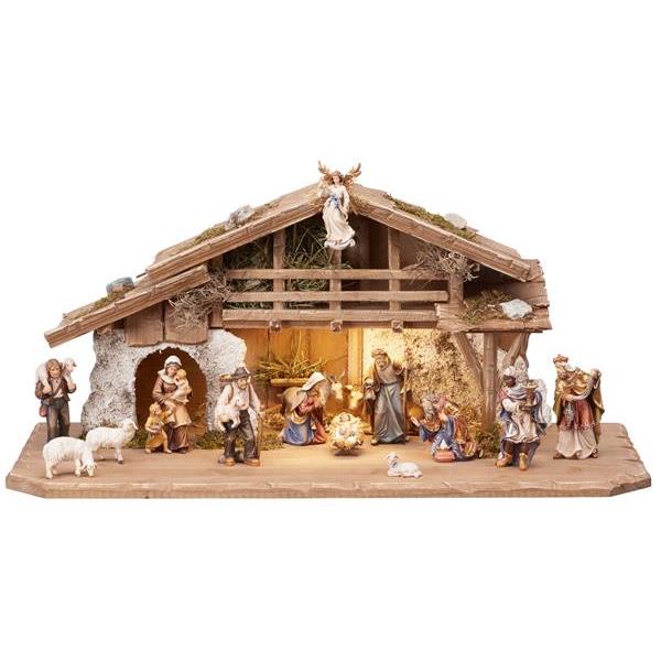 MA Nativity set 17 pcs - Alpine stable with lighting - colored