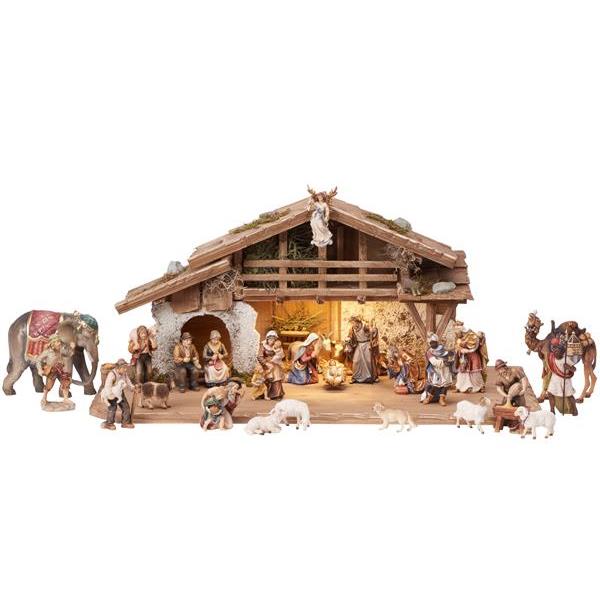 MA Nativity set 30 pcs - Alpine stable with lighting - colored