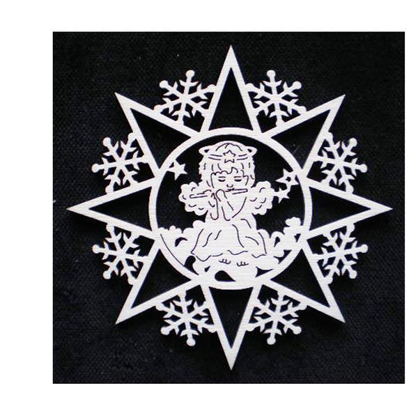 Snow flakes with angel and flute - natural wood