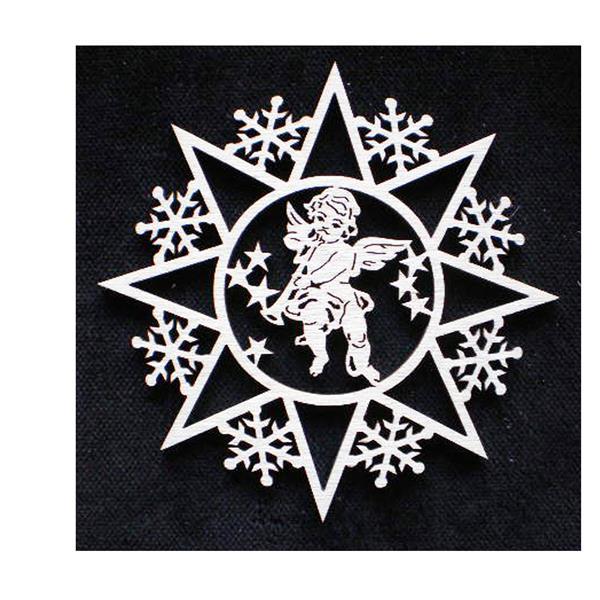 Snow flakes with angel and trumpet - natural wood