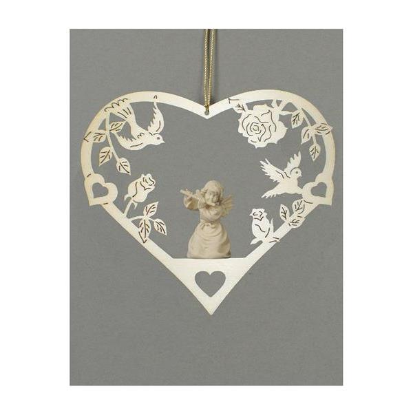 Heart-Bell angel with flute - natural wood