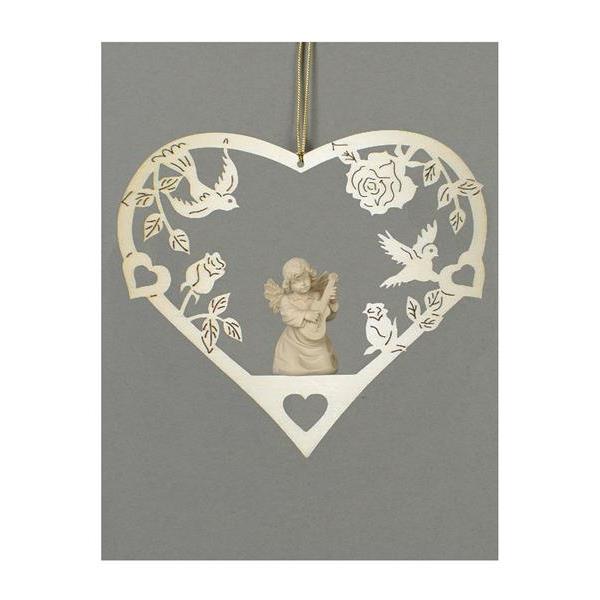 Heart-Bell angel with guitar - natural wood