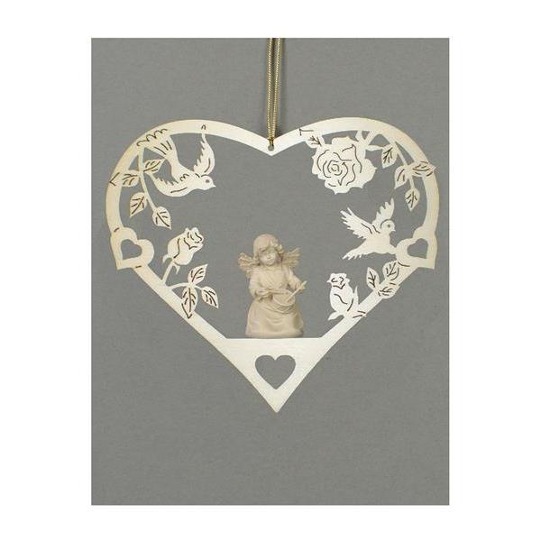 Heart-Bell angel with drum - natural wood