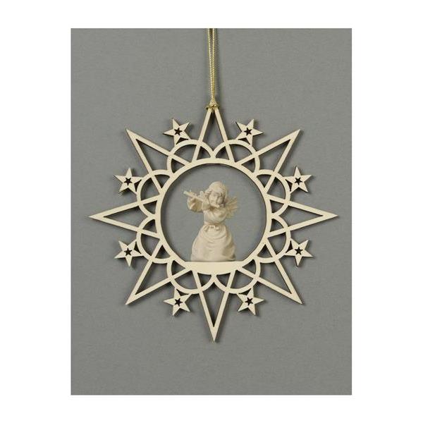 Star with clouds-Bell angel with flute - natural wood