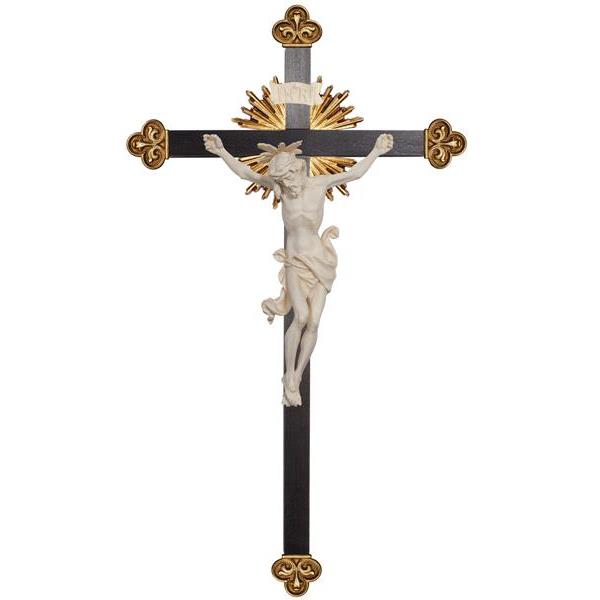 Cristo Leonardo con aureola cruz barroca con rayos - natural